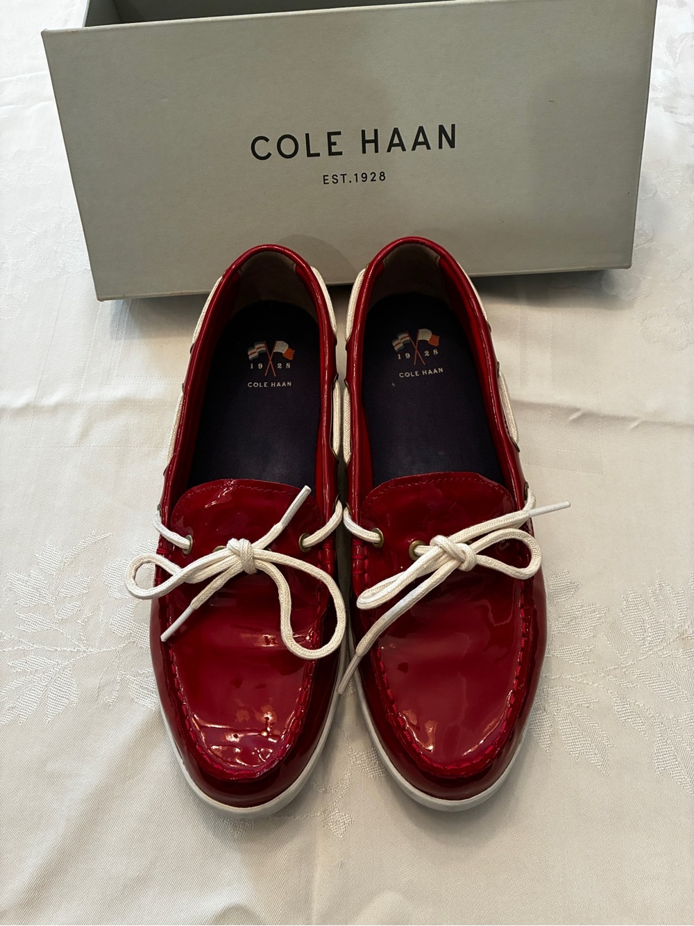 Cole Haan Woman’s Nantucket Camp Moc Red Patent Leather Boat Shoes White Laces